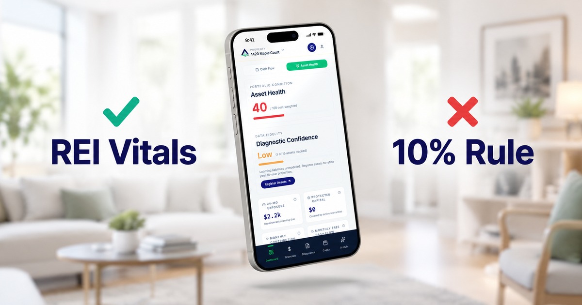 REI Vitals Asset Health dashboard compared with the 10% of rent reserve rule