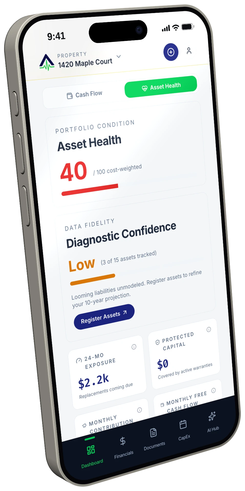 REI Vitals mobile dashboard showing portfolio asset health score, diagnostic confidence, exposure, and protected capital