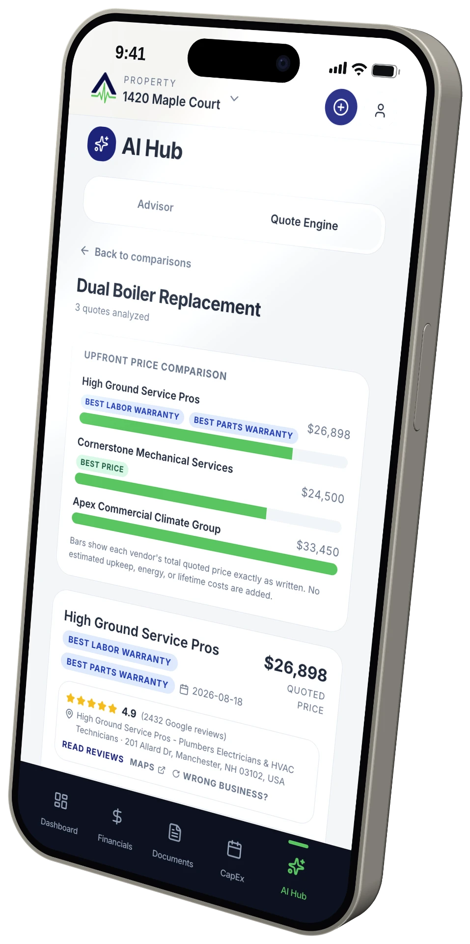 REI Vitals AI Hub quote engine on a phone comparing dual boiler replacement quotes on price, warranty, and reviews